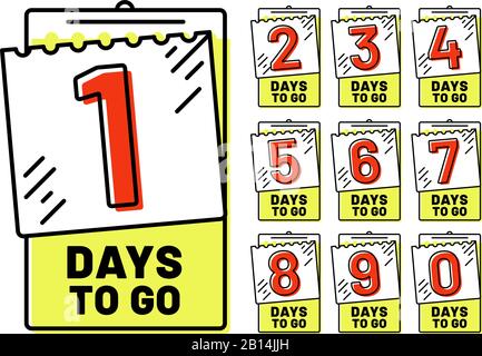 Giorni per andare badge. Badge Countdown, numero di giorni rimanenti e set di illustrazioni vettoriali isolate timestamp Illustrazione Vettoriale