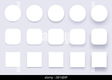 Ombre dei pulsanti. Forma semplice ombra, bottoni chiari badge e forme varie materiale ombre isolato 3d realistico vettore set Illustrazione Vettoriale