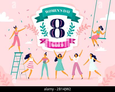 Festeggiamo il giorno delle donne. Otto marzo celebrazione, felice ridendo donna e internazionale femminile vacanza vettore piatto illustrazione Illustrazione Vettoriale