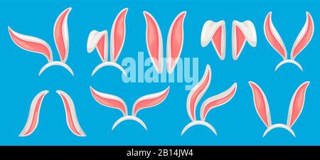 Bunny orecchie. Maschera dei coniglietti di Pasqua, cappello di coniglio divertente e banda di jackrabbit primaverile. Conigli maschere vettore isolato illustrazione set Illustrazione Vettoriale