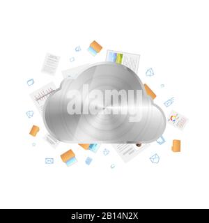 Icona metallica lucida del servizio cloud con molte cartelle e documenti interno su bianco Illustrazione Vettoriale