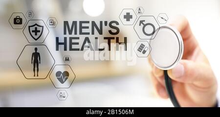 Mens Health banner, assistenza medica e sanitaria concetto sullo schermo. Medico con stetoscopio Foto Stock