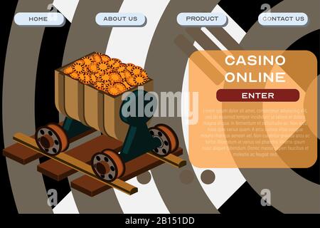 Modello del sito online di Casino. Progettazione di poster di intestazione per lo sviluppo di applicazioni e software. Illustrazione vettoriale di un carrello minerario su rotaie con toke casinò Illustrazione Vettoriale