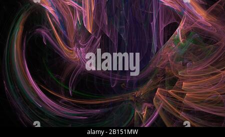 Sfondo astratto di linee incandescenti colorate di frattali di cerchi, nebulose, razzi di colore diverso. Design ultramoderno per coperture e tessuti per notebook. Foto Stock