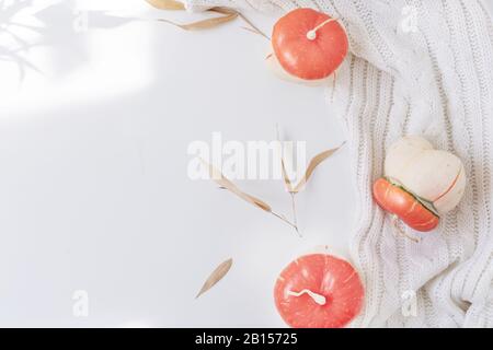 Bella composizione autunnale con zucche. Stagione autunnale. Autunno accogliente ancora vita. Zucche, foglie d'autunno, su sfondo bianco. Vacanze di ringraziamento. Concetto di Halloween Foto Stock