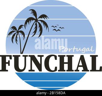 Illustrazione vettoriale di Funchal, il nome di una città in Portogallo, per logotipo, t-shirt, banner, rivista, poster, decorazione, cartolina. Illustrazione Vettoriale