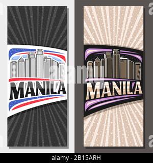 Layout vettoriali verticali per Manila, invito con illustrazione della linea del paesaggio contemporaneo della città di manila su sfondo cielo di giorno e di sera, tour di design Illustrazione Vettoriale