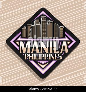 Logo vettoriale per Manila, adesivo a rombano nero con illustrazione del famoso paesaggio cittadino di manila sullo sfondo del cielo serale, design magnete frigorifero wi Illustrazione Vettoriale