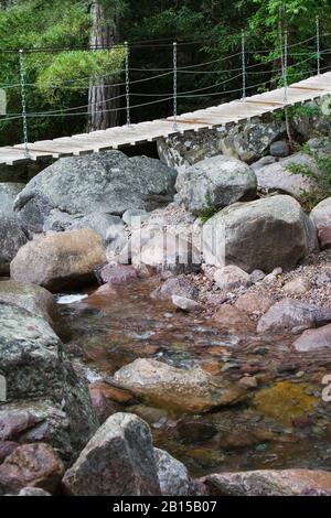 Un ponte di sospensione in corda e legno nelle alte montagne della Corsica, Isola di Corsica, Francia Foto Stock