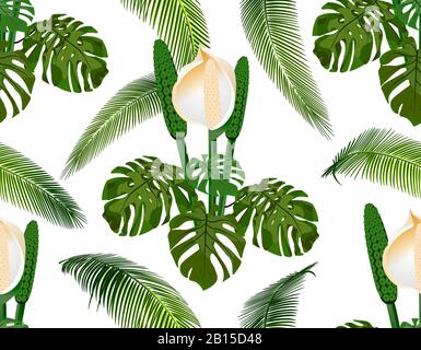 Giungla. Verde foglia di palma tropicale, fiori mostro. Motivo floreale senza cuciture. Isolato su sfondo bianco. Illustrazione del vettore Illustrazione Vettoriale