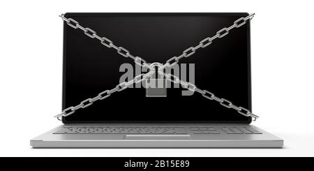 Notebook bloccato, antivirus, antifurto, concetto di protezione dei dati. Lucchetto e catene su un computer isolato su sfondo bianco. figura 3d Foto Stock