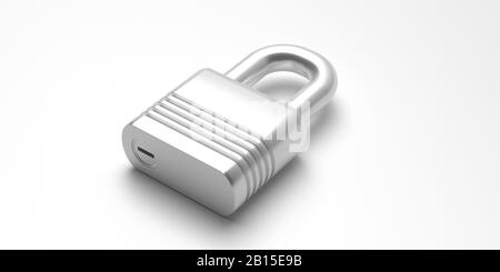 Lucchetto isolato su sfondo bianco. Serratura in acciaio cromato chiusa, protezione, privacy, concetto di sicurezza. figura 3d Foto Stock