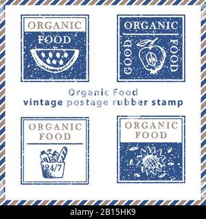 Set di vintage texture grunge cibo consegna francobolli in gomma con simboli pasto in classico blu e marrone colori. Per la progettazione di post-card, pubblicità Illustrazione Vettoriale