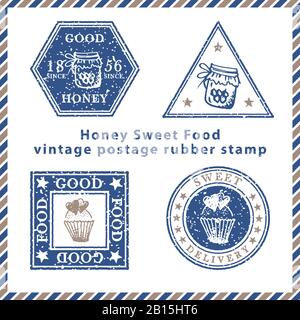 Set di vintage texture grunge cibo consegna francobolli in gomma con simboli pasto in classico blu e marrone colori. Per la progettazione di post-card, pubblicità Illustrazione Vettoriale