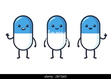 Carino set di personaggi cartoon, pillola medicina farmacia mascotte. Sorridendo, ondeggiante e indicando la pillola con il divertente viso kawaii. Illustrazione grafica della clip vettoriale. Illustrazione Vettoriale