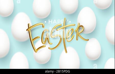Felice iscrizione d'oro di Pasqua su sfondo blu con realistiche uova bianche di pasqua. Illustrazione del vettore Illustrazione Vettoriale