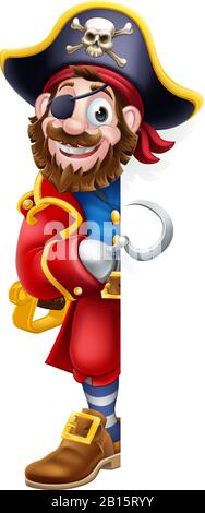 Pirate Captain Cartoon Peeking Segno Sfondo Illustrazione Vettoriale