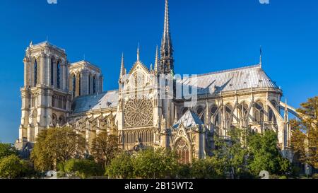 Notre Dame de Paris in estate, Francia. E' uno dei principali punti di riferimento di Parigi. Panorama panoramico della cattedrale di Notre Dame su un argine nel Pa Foto Stock