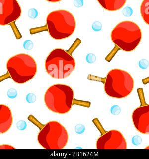 Modello senza cuciture con racchette da ping pong e palle in stile piatto. Illustrazione Vettoriale
