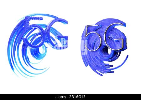 Immagine concettuale della scritta 5g realizzata in oro e forma circolare del radar radiale nel popolare colore blu fantasma dietro. illustrazione 3d isolata su bianco Foto Stock