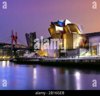 Vista notturna del museo Guggenheim sull'estuario del fiume Nervion. Bilbao, Spagna Foto Stock