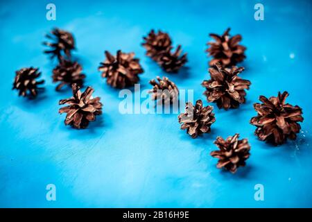 Molti coni di pino astratto isolato su sfondo blu Foto Stock