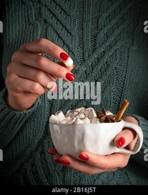 Ragazza con manicure rosso che tiene una tazza di ceramica di cioccolato caldo con marshmallow, bastone di cannella e stella anice in esso. Foto Stock