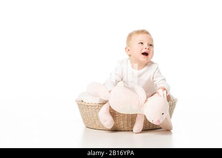 Bambino carino che tiene coniglietto rosa, guardando in su con la bocca aperta all'interno del cesto su sfondo bianco Foto Stock