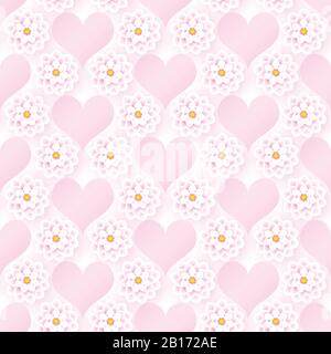 Motivo floreale rosa e romantico senza cuciture con cuori. Illustrazione Vettoriale