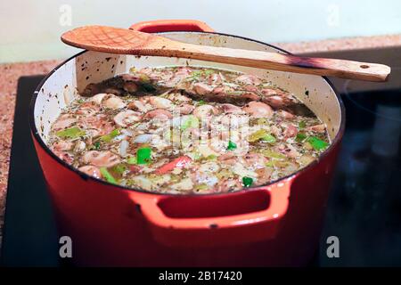 Una pentola di verdure che cucinano con un cucchiaio di legno sul bordo Foto Stock