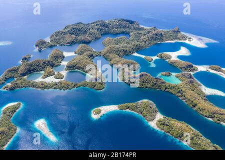 Le isole calcaree sono circondate da sane barriere coralline in Raja Ampat, Indonesia. Si ritiene che questa regione sia l'epicentro della biodiversità marina. Foto Stock