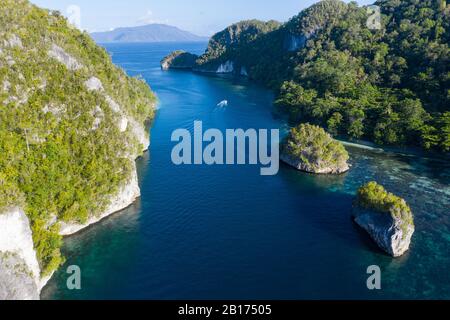 Le isole calcaree sono circondate da sane barriere coralline in Raja Ampat, Indonesia. Questa regione è considerata l'epicentro della boiversità marina. Foto Stock