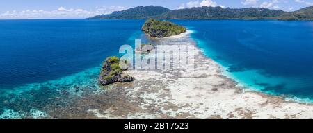 Le isole calcaree sono circondate da sane barriere coralline in Raja Ampat, Indonesia. Questa regione è considerata l'epicentro della boiversità marina. Foto Stock