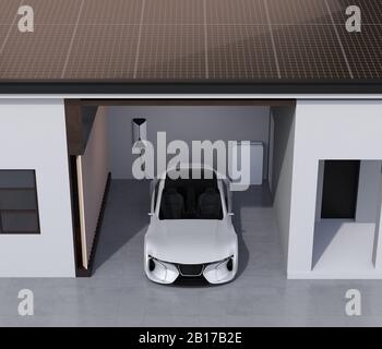 Auto sportiva elettrica collegata all'alimentazione di casa. Pannelli solari montati sul tetto. Concetto di stile di vita sostenibile. Immagine di rendering 3D. Foto Stock