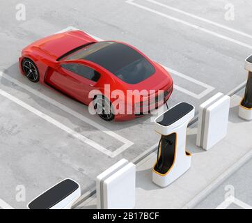 Vista laterale della ricarica di auto sportive elettriche rosse a casa. Concetto di stile di vita sostenibile. Immagine di rendering 3D. Foto Stock