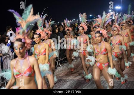 Sitges, SPAGNA - 23 febbraio 2020: Persone all'ultimo giorno del Carnevale di Sitges. Sepoltura Carnestoltes - 'Sepoltura della Sardine' a Sitges Foto Stock