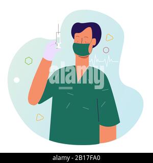 Medico con maschera e siringa di tenuta uniforme. Preparare la procedura medica per la vaccinazione di immunizzazione per iniezione Illustrazione Vettoriale