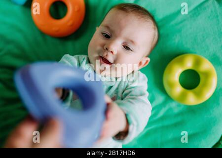 Ritratto di bambina sdraiata su tappeto verde che gioca con giocattoli di plastica Foto Stock