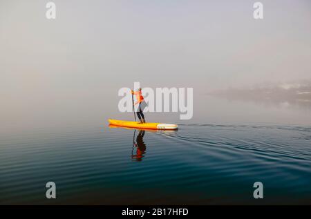 Donna stand up paddle surf su un lago nella nebbia Foto Stock