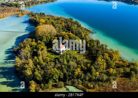 Luftaufnahme, Deutschland, Bayern, Bachern, Landkreis Stranberg, Wörth Vedi mit der Wörth insel bzw. Mausinsel Foto Stock