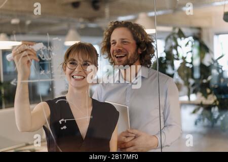 Buon uomo d'affari e donna d'affari che lavora su un progetto in ufficio Foto Stock