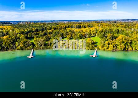 Luftaufnahme, Deutschland, Bayern, Bachern, Landkreis Stranberg, Wörth Vedi mit der Wörth insel bzw. Mausinsel Foto Stock