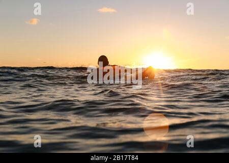 Surfista al tramonto, Bali, Indonesia Foto Stock