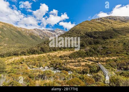 Nuova Zelanda, Selwyn District, Arthurs Pass, Green bosched montagna valle Foto Stock