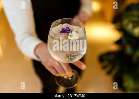 Il cameriere serve un gin e tonico Foto Stock