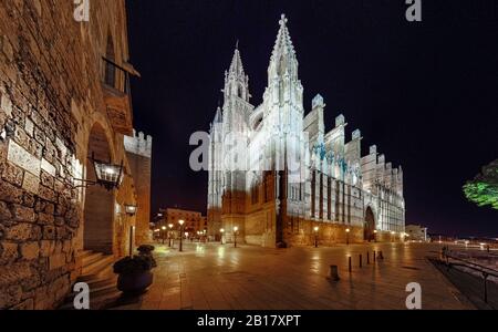 Spanien, Balearen, Mallorca, Palma de Mallorca, Placa de la seu, Kathedrale Seu des nachts Foto Stock