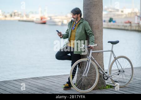 Uomo maturo con bici fixie appoggiato contro il tronco di palma guardando il telefono cellulare, Alicante, Spagna Foto Stock