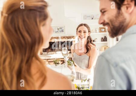 Famiglia e amici che pranzano insieme Foto Stock