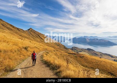 Donna escursioni a Roys Peak, Lago Wanaka, Nuova Zelanda Foto Stock