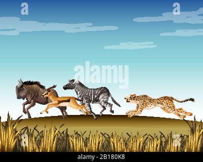 Scena con ghepardo a caccia di molti animali nel campo illustrazione Illustrazione Vettoriale